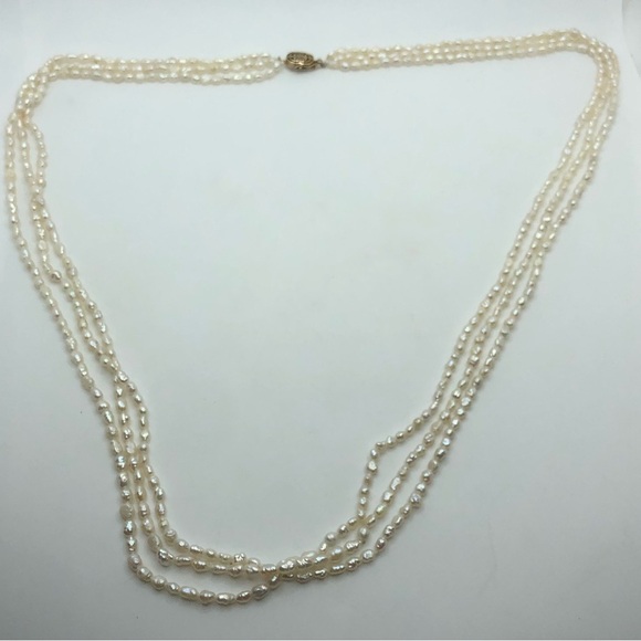 Vtg Biwa Pearl Multi 3 Strand Real Freshwater Rice Pearl Necklace 32” - Picture 2 of 7